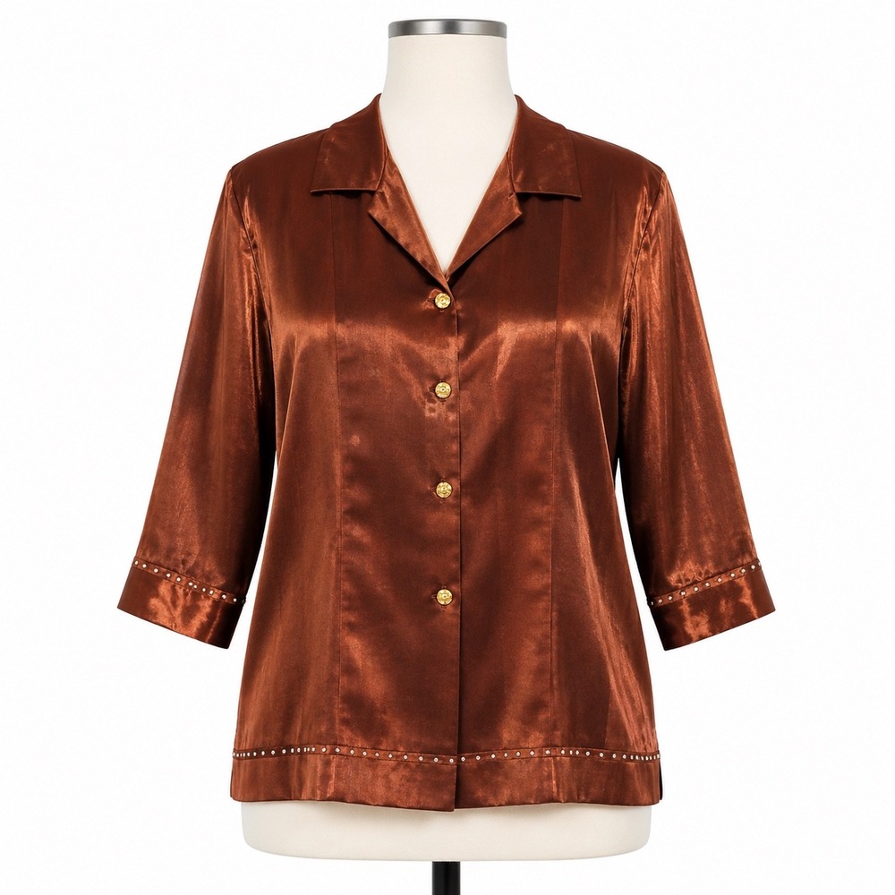 Copper Satin Button Up Blouse M Metallic Bronze Holiday Cocktail Quiet Luxury